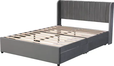 Obrázek produktu pro Čalouněná postel Sweiko Manželská postel se 2 zásuvkami a lamelovým roštem Pohodlné čelo 160*200 cm Černý samet