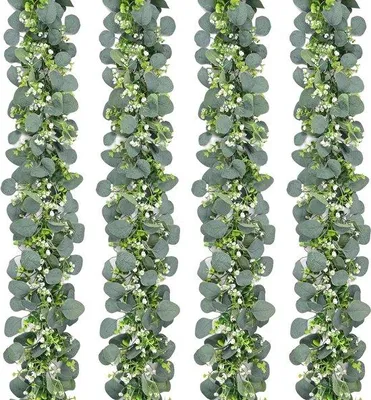 Produktbild von Famanu Eukalyptusgirlande - 4 Stück Grüne Kunstpflanze mit Blumen