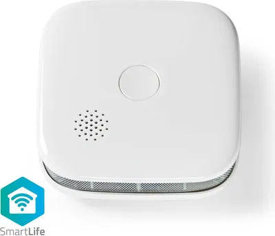 A white smart smoke detector is shown from a top-down perspective against a white background.