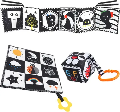 Image de ASKSA Jouets Bébé 0-3 mois, Noir Blanc Contraste Jouets Bébé Livre Tissu Crépitant, Livre Contraste Poussette Coffrets Cadeaux Jouets Bébé 0 3 6 12 mois(3PCS)