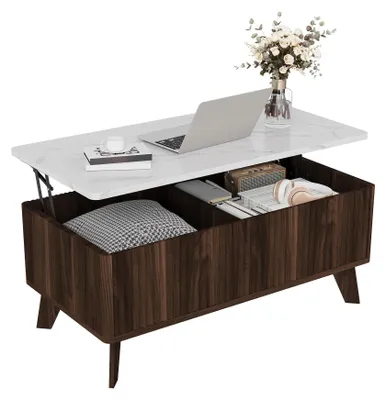 Image de Table basse moderne - Table basse avec plateau relevable et espace de rangement - Rectangulaire - Bois de pin - 105x84x42 cm - Marron noyer