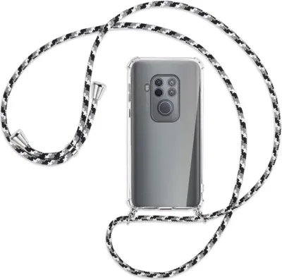 Produktbild von Handykette Backcover-Schutzhülle mit Band (Metall silberfarben) für Motorola One Zoom, One Pro - schwarz/grau/weiß