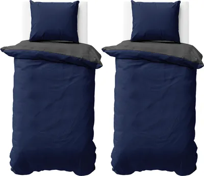 Produktbild von Bettwäsche 155x220 cm Dunkelblau Anthrazit Wendebettwäsche Doubleface Mikrofaser Uni Bettbezug 4 teilig