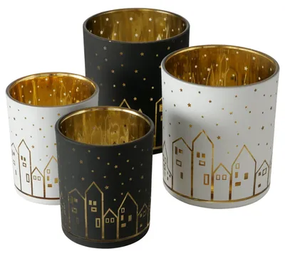 Produktbild von 4tlg Set Windlicht Little Town schwarz weiß Weihnachts-Kerzen Teelicht-Halter