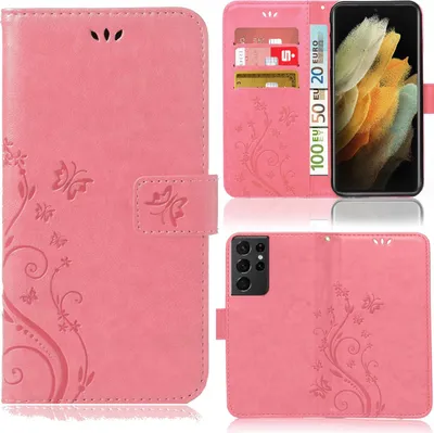 Produktbild von Handy Tasche für Samsung Galaxy S21 Ultra Schutz Hülle Handyhülle mit Blumenmuster Klapp Hülle mit Standfunktion und Kartenfächer Farbe: Rosa