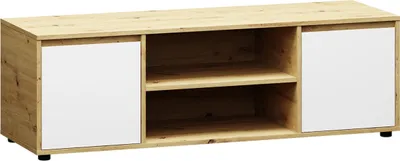 A product shot of a TV stand with two white doors and open shelving in a wood finish.