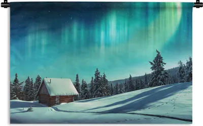 Produktbild von MuchoWow® Wandteppich Wandbehang Nordlichter - Schnee - Haus - Winter 120x80 cm Tapisserie Dekoration Wandtuch - Wanddekorationen - Wandtücher