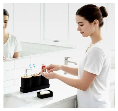Produktbild von Bad-Accessoire Set 5-teilig Seifenspender Zahnputzbecher schwarz