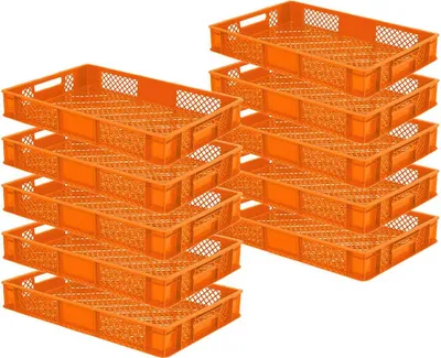 A stack of orange plastic storage containers.