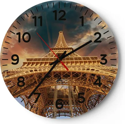 Produktbild von Wanduhr - Rund - Glasuhr - Eiffle Architektur Paris - 30x30cm - Schleichendes Uhrwerk - Lautlos - zum Aufhängen bereit - Dekoration Modern - Wanddekoration aus Glas - C4AR30x30-2437