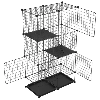 Imagen del producto de QEENTOE, jaula para gatos de metal, con 3 niveles y 2 escaleras, recinto plegable para gatos, apto para interiores y exteriores, jaula para pequeños animales, dimensiones: 74 x 37 x 126 cm
