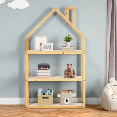 Produktbild von Kinderzimmer Regal LENISE in Hausform natur/weiß - Kinderregal, Bücherregal, massive Kiefer, 3  Ablagen mit viel Stauraum