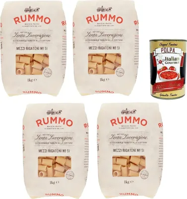 Produktbild von Mezzi rigatoni N. 51 Hartweizengrieß Pasta Italienische Nudeln 4x 1Kg Packung + Italian Gourmet polpa 400g