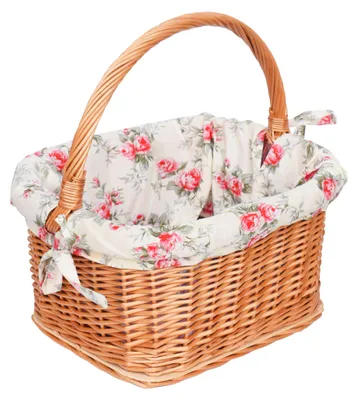 A wicker basket with a floral fabric lining.