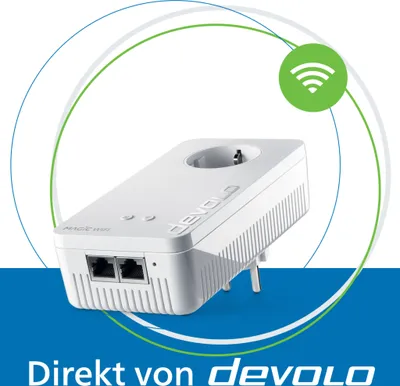 A white Devolo Magic 2 WiFi next Powerline Mesh WLAN adapter is shown on a white background with blue and green circular graphic elements. The adapter has two Ethernet ports and a power socket.