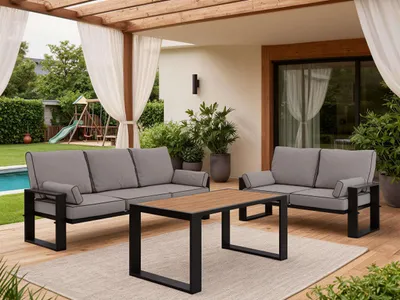 Produktbild von MKS MEBLE Gartenmöbel Set für Terrasse, mit Tisch für 5 Personen, auf Metallbeinen, Gartenlounge mit Sofa, Gartensofas - ELBA 2 - grau