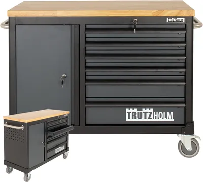 Produktbild von Werkstattwagen DELUXE 6 Schubladen + Tür unbestückt mit massiver Arbeitsplatte Anthrazit/grau