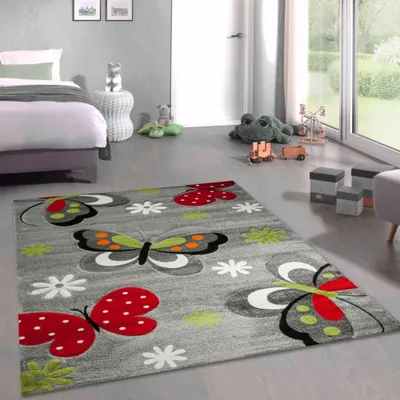 Zdjęcie produktu dla Kolorowy dywan do pokoju dziecięcego z motylami w kolorze szarym Rozmiar - 140 x 200 cm