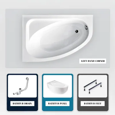 Produktbild von Asymmetrische Badewanne - 150 x 100 cm - Rechts - mit weißer Verkleidung - mit Füßen - Ablaufgarnitur Chrom - CORNEA