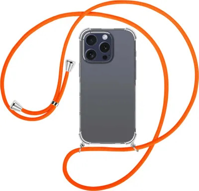 Produktbild von Handykette Backcover-Schutzhülle mit Band (Metall silberfarben) für iPhone 16 Pro - neonorange
