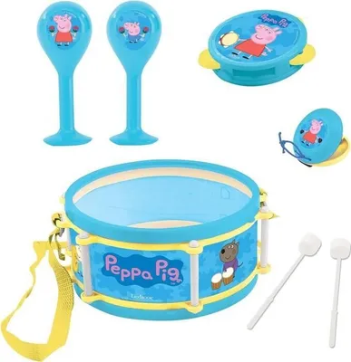 Immagine prodotto di Set di strumenti musicali Peppa Pig, 7 strumenti, tamburo con bacchette, maracas, tamburello, nacchere, armonica, flauto, tromba