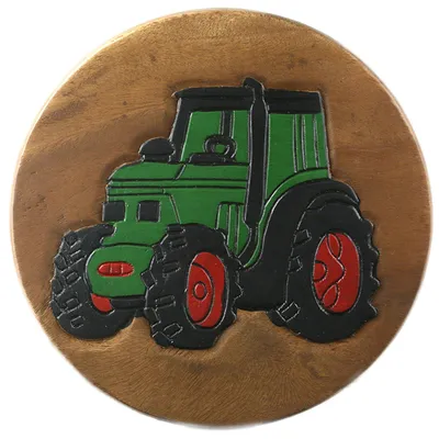 Produktbild von Tokoindah Kinderhocker Traktor – Schemel aus Massivholz, in Handarbeit gefertigt & bemalt, runder Sitzhocker fürs Kinderzimmer