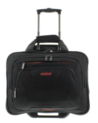 A black rolling tote bag with orange accents, shown from the front against a white background.