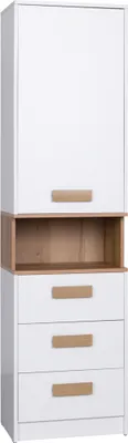 A tall, narrow white cabinet with wooden accents and three drawers.