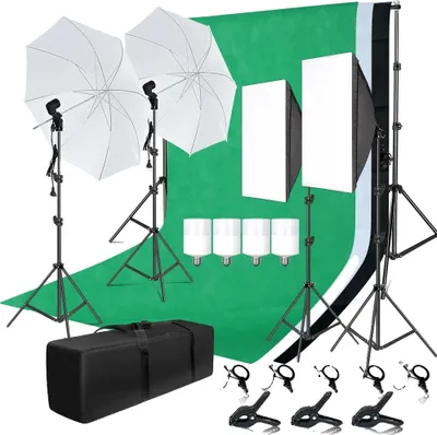 Zdjęcie produktu dla Zestaw oświetleniowy softbox, kompletny zestaw fotograficzny, regulowane statywy oświetleniowe, zestaw do studia fotograficznego