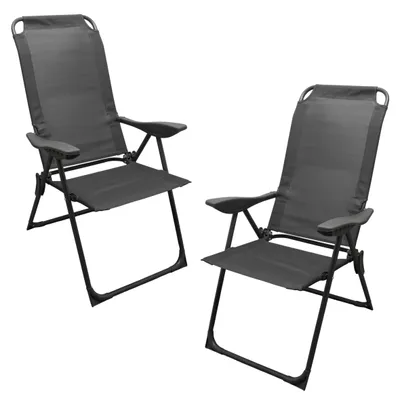 Produktbild von Metall Garten Klappstuhl grau 108 x 62 cm mit 5-fach verstellbarer Rückenlehne - 2er Set - Campingstuhl mit Textil Gewebe bis 110 kg belastbar