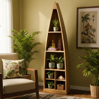 Produktbild von OPIUM OUTLET Bücherregal Massivholz Regal Regalwand Wandregal Vitrine Schrank Raumteiler Eckregal Möbel in Bootsform asiatisch indisch