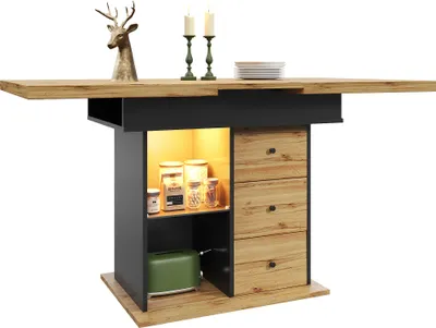 Produktbild von AIORBER Esstisch ausziehbar 110-140x80cm, klappbarer Teleskoptisch für 4-6 Personen mit LED-Beleuchtung und Stauraum, Schwarz+Natur