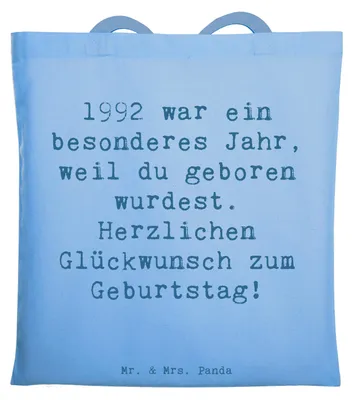 Produktbild von Mr. & Mrs. Panda Tote Bag Spruch 1992 Geburtstag - Sky Blue - Geschenk, Erinnerungen, Glückwünsche, canvas tasche, Baumwolltasche, Beutel, Einkaufstasche, Happy Birthday