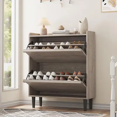 Imagen del producto de Zapatero con 3 compartimentos abatibles, almacenamiento de zapatos de madera con estante ajustable, estantería para zapatos para la entrada, zapatero oculto para pasillo y salón, color natural