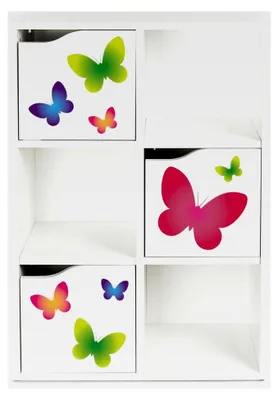 Produktbild von Moderner KUBiCO Schrank, Bücherregal, Kinderregal, Spielzeugregal, Kinderschrank – Weißes Bücherregal mit 6 Fächern, Aufbewahrungslösung für das Kinderzimmer 59,5 x 29 x 89,5 cm (Schmetterlinge)