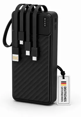 Produktbild von Powerbank 20.000 mAh mit integriertem USB-C-, USB-A & Lightning-Kabel Externer Akku mit Schnellladefunktion – Schwarz / 20.000 mAh