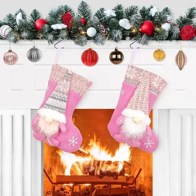 Produktbild von Nikolausstrumpf Kinder 2er Set, Rosa Weihnachtssocken Flanell Nikolausstiefel Kamindekoration
