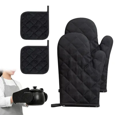 Produktbild von Ofenhandschuhe und Topflappen Set, 1 Paar Hitzebeständig, 2 rutschfeste Topflappen, Baumwolle, für Kochen, Backen, Grillen