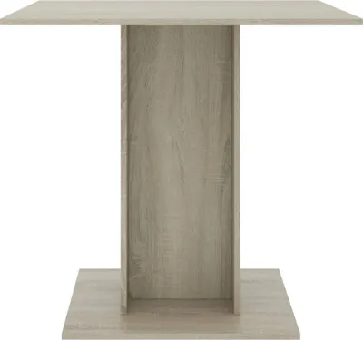 A plain studio shot of a wooden dining table with a pedestal base.