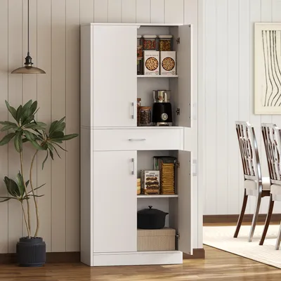Zdjęcie produktu dla Szafka kuchenna stojąca, nowoczesna, biała, szafka bufetowa z MDF, wymiary 70,8 x 34 x 180 cm. Komoda wysoka z 4 drzwiami, 1 szufladą i regulowanymi półkami
