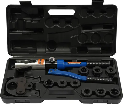 Produktbild von Hydraulische Rohrpresszange - CW-1632 - Handbetrieben - 10 t Presskraft - Sechskantpressung - Für Kupferrohre 12–28 mm - 10 Paar Pressbacken + Werkzeugkoffer - Blau