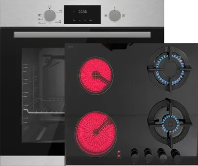 Produktbild von Gasline Einbau Gasherdset Autark mit Einbaubackofen Gasherd Umluft 69 Liter und Kochfeld Hybrid Kombi Glas Gas Elektro 60cm Erdgas/ Propan