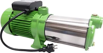 A green and silver electric water pump is shown against a white background.