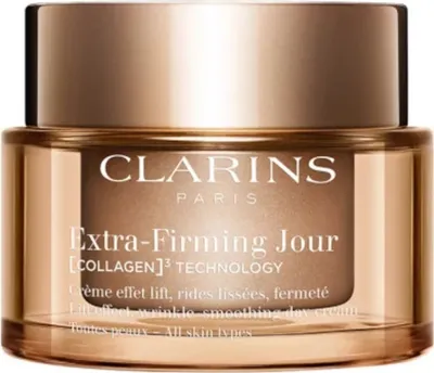 A product shot of a Clarins Extra-Firming Day Cream jar.