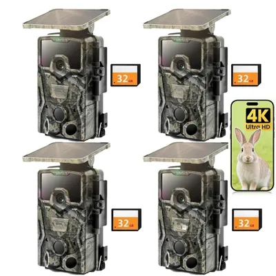 Produktbild von 4K Solar Wildkamera IP66 wasserdichte Nachtsichtkamera Jagdkamera mit Bewegungsmelder, Tierüberwachungskamera inkl. 32GB Speicherkarte Kein WLAN 4PC