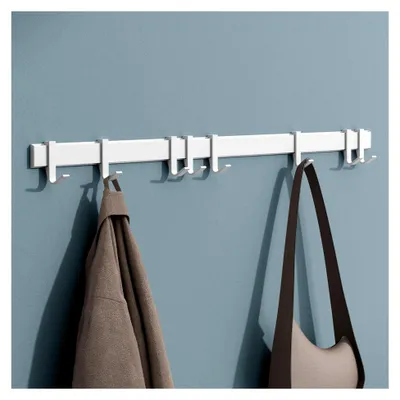 Produktbild von Kleiderhaken zum Bohren oder Kleben, Garderobenleiste aus Aluminium mit 8 verstellbaren Haken, Wandhaken 80 cm Matt Weiß