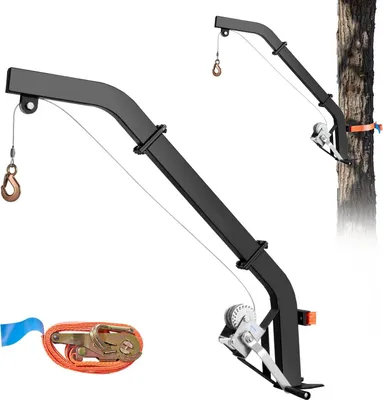 Immagine prodotto di Girello per selvaggina - Dispositivo di sollevamento per selvaggina da montare su alberi - Capacità di carico 160 kg - Con cinghia a cricchetto - Per scuoiare, pulire e appendere la selvaggina - Dimensioni 120 x 31 x 13 cm - Nero