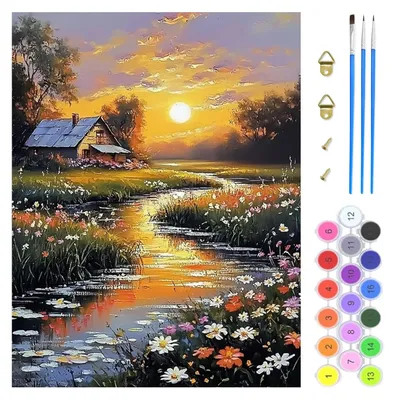Malen nach Zahlen Set für Erwachsene, Blumen & Sonnenuntergang, 40x50 cm