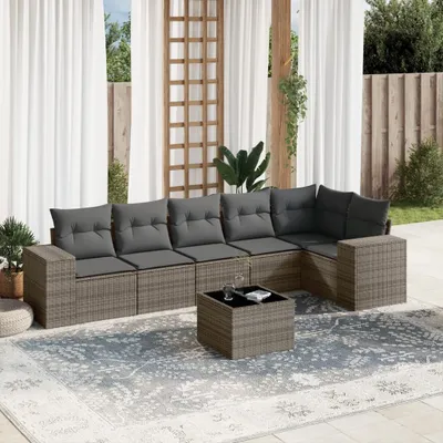 Produktbild von Design 7-tlg. Garten-Sofagarnitur mit Kissen Grau Poly Rattan, Gartenmöbel-Sets 2024 Neu
