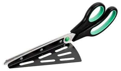Produktbild von Relaxdays Pizzaschere mit Pizzaheber, Edelstahl Küchenschere, spülmaschinenfester Pizzaschneider, schwarz-grün
